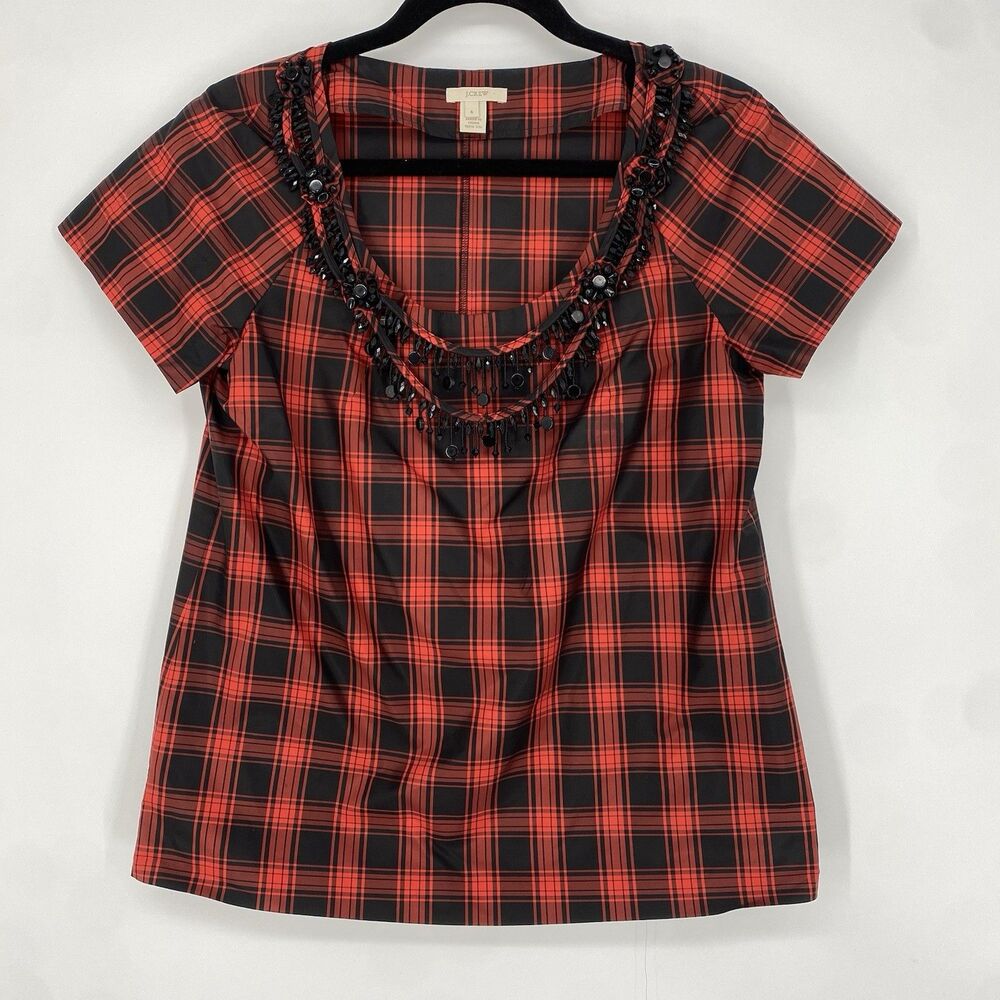 J. Crew Blouse Women 4 Red Plaid Rhinestone Short Sleeve Silk Holiday Business